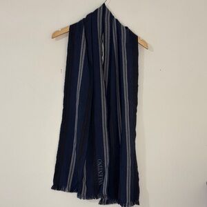 Valentino 100% Wool Scarf Blue Gray Stripe Italian Luxury Designer Unisex Wrap